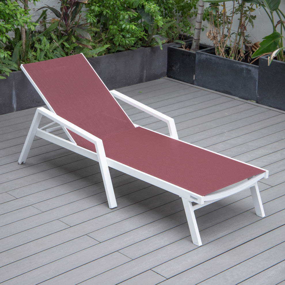 LeisureMod Marlin Patio Chaise Lounge Chair With Arms White Frame, Burgundy