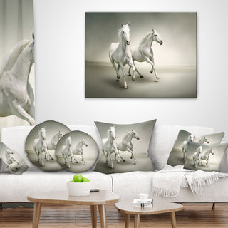 Fast Moving White Horses Animal Throw Pillow, 18"x18"