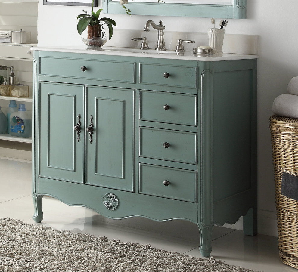 38 Inch Distressed Vintage Blue Cottage Style Daleville Bathroom Sink Vanity, No Mirror Add Faucet