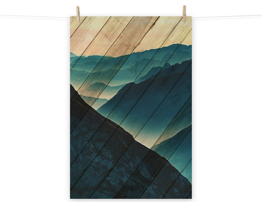 Faux Wood Misty Blue Silhouette Mountain Range Landscape Wall Art, 24" X 36"