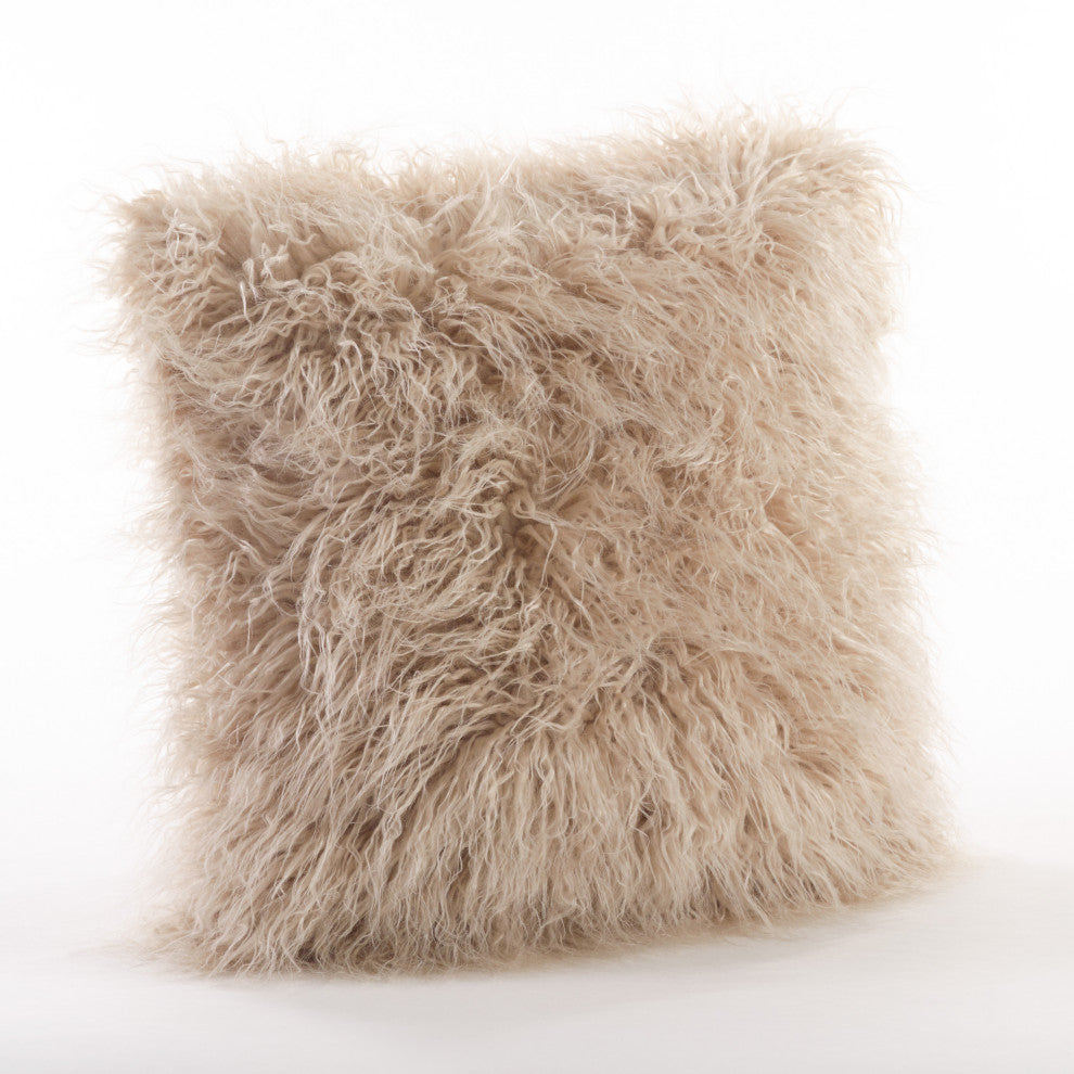 Poly Filled Mongolian Faux Fur Throw Pillow, 22"x22", Oatmeal