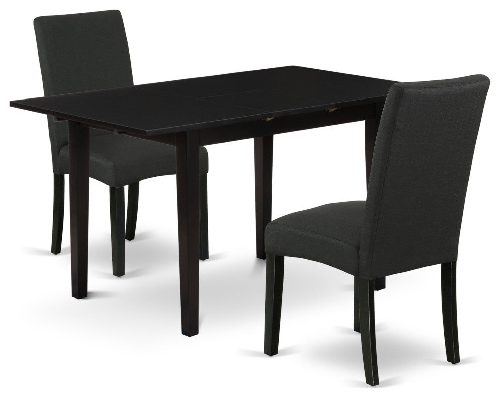 3-Pc Dining Set, 2 Parson Chairs, Butterfly Leaf Dining Table, Black