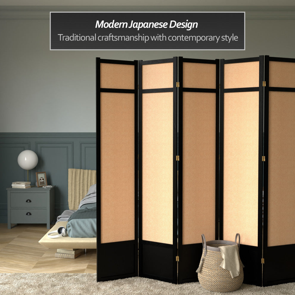 7' Tall Jute Shoji Screen, 6 Panel, Black