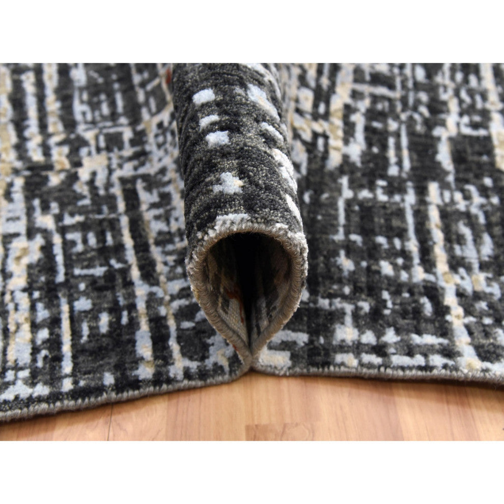 Jet Black, Organic Wool Hand Knotted, Abstract Design Oriental Rug, 9'0"x12'4"