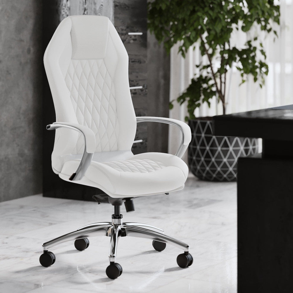 Modern Ergonomic Sterling Leather Executive Chair with Aluminum Base, White