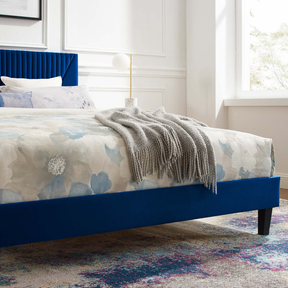 Yasmine Channel Tufted Performance Velvet Twin Platform Bed, Navy