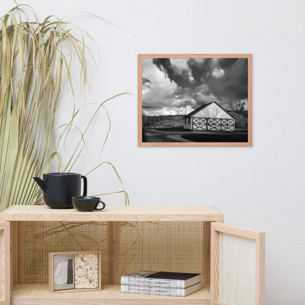 Aging Barn Morning Sun in Black and White Framed Photo Paper Wall Art Prints, Red Oak, 16" X 20"