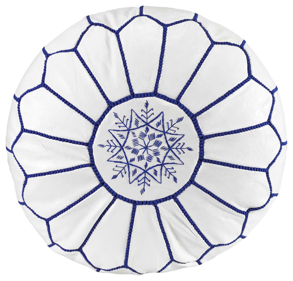 4 Colors Handmade Moroccan Ottoman, Genuine Leather White Poufs, White & Blue