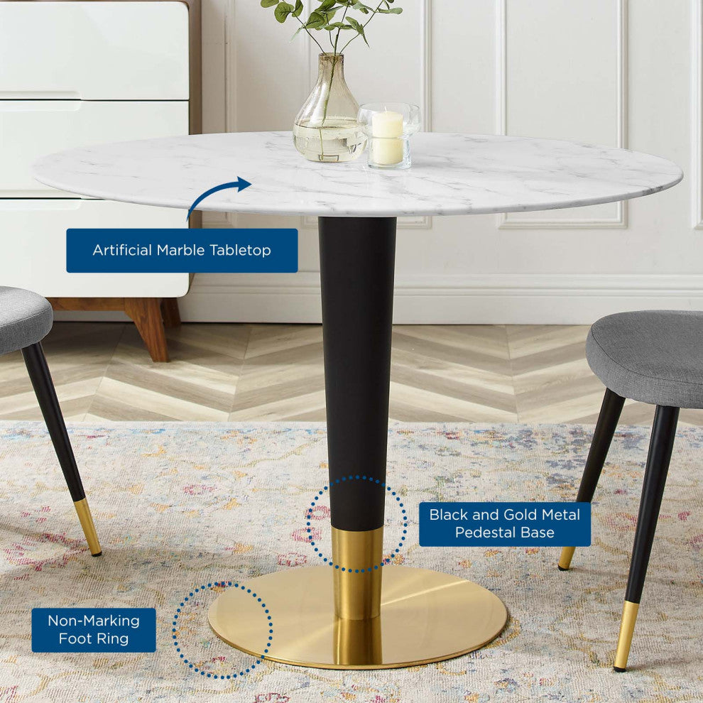 Dining Table, Oval, Artificial Marble, Metal, Gold White, Cafe Bistro Restaurant