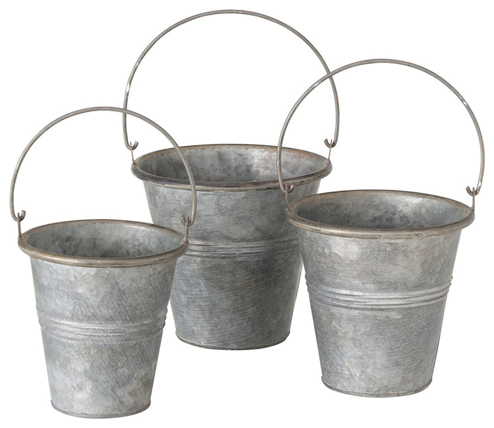 Grey Zinc Pail Planters, Set of 3