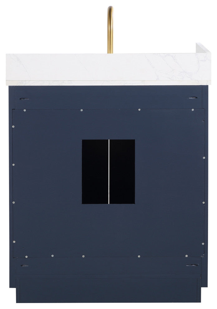 Gavino Vanity With Grain White Composite Stone Top, Royal Blue/Brushed Gold, 30", No Mirror