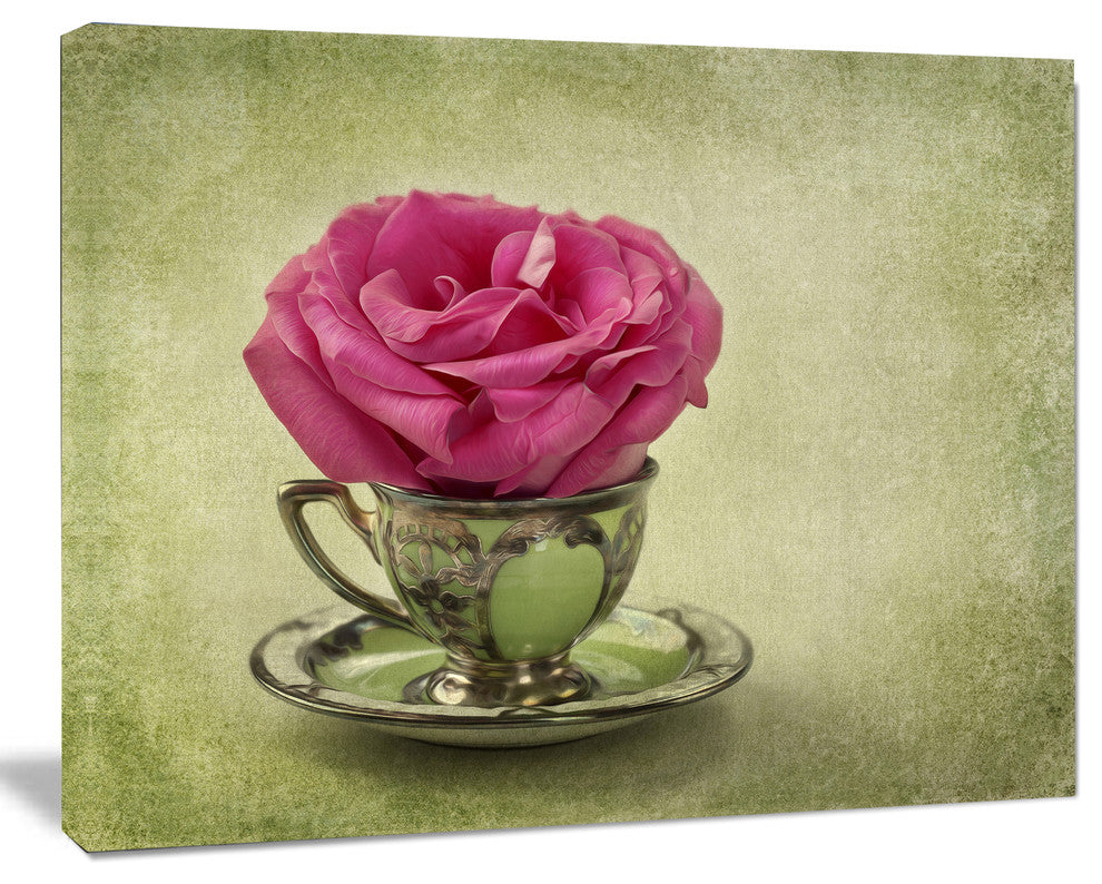 Red Rose in Cup and Saucer, Floral Canvas Art Print, 40"x30"