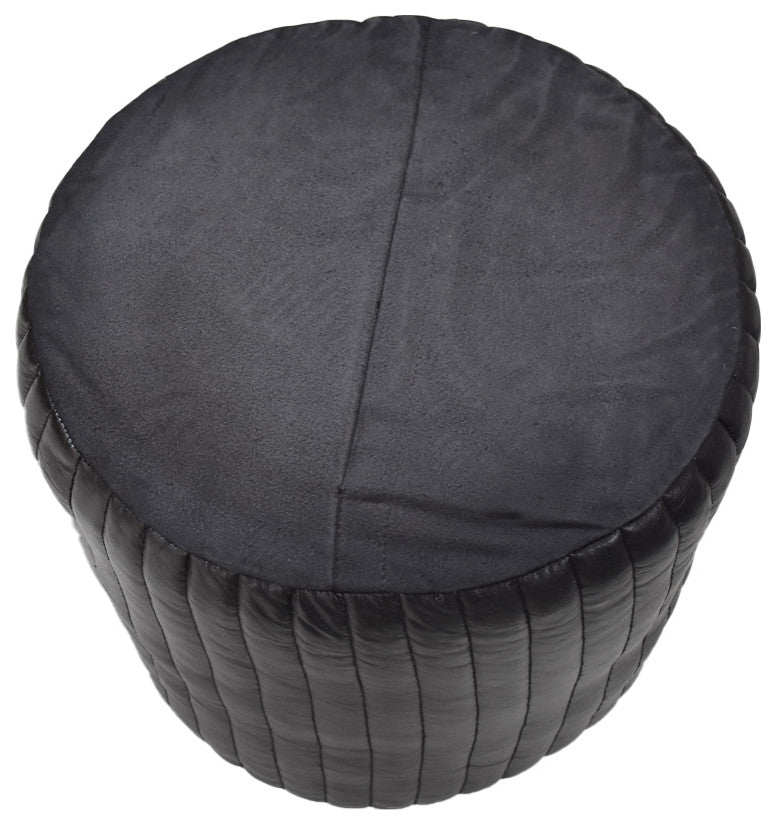 Poufs-Solid Handmade Goat Leather Pouf, Recycled Cotton Fill, Black, Round, 16x16x16