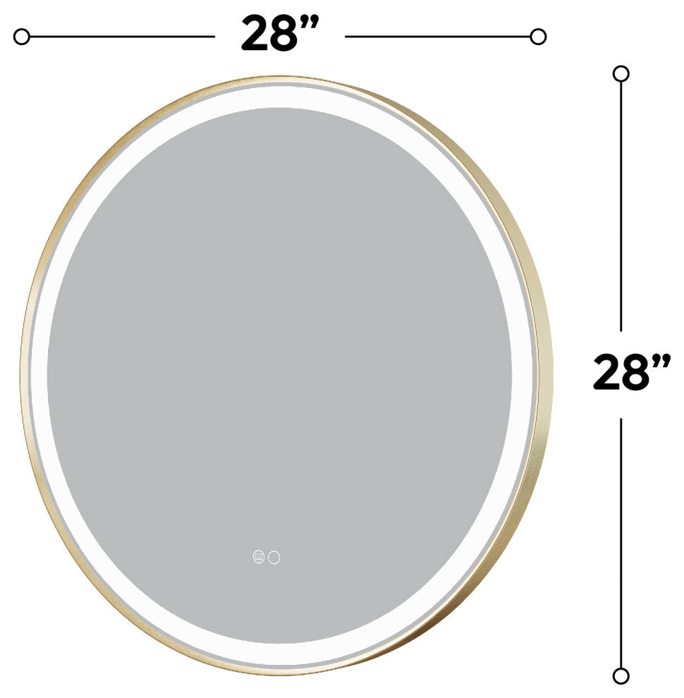 Round LED Bathroom Vanity Mirror, Defogger and Dimmer, ETL-listed, 28"x28", Brushed Gold
