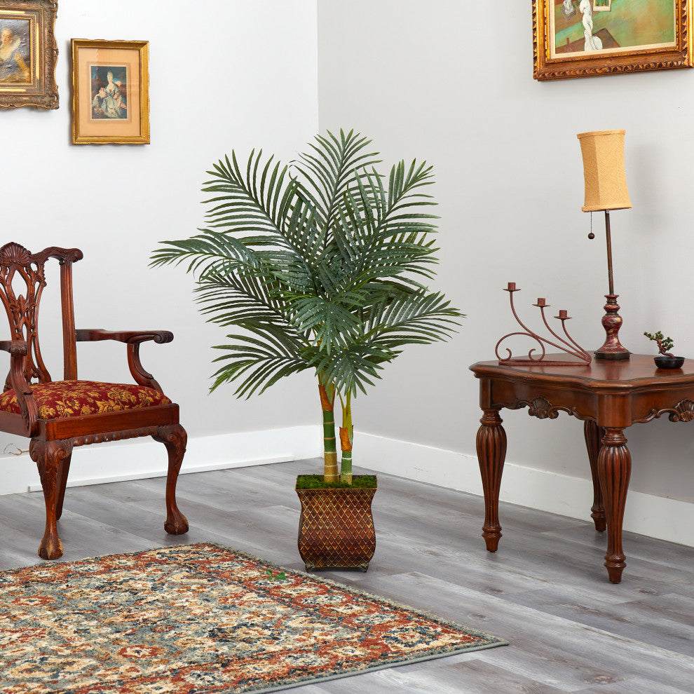 50" Golden Cane Artificial Palm Tree, Metal Planter