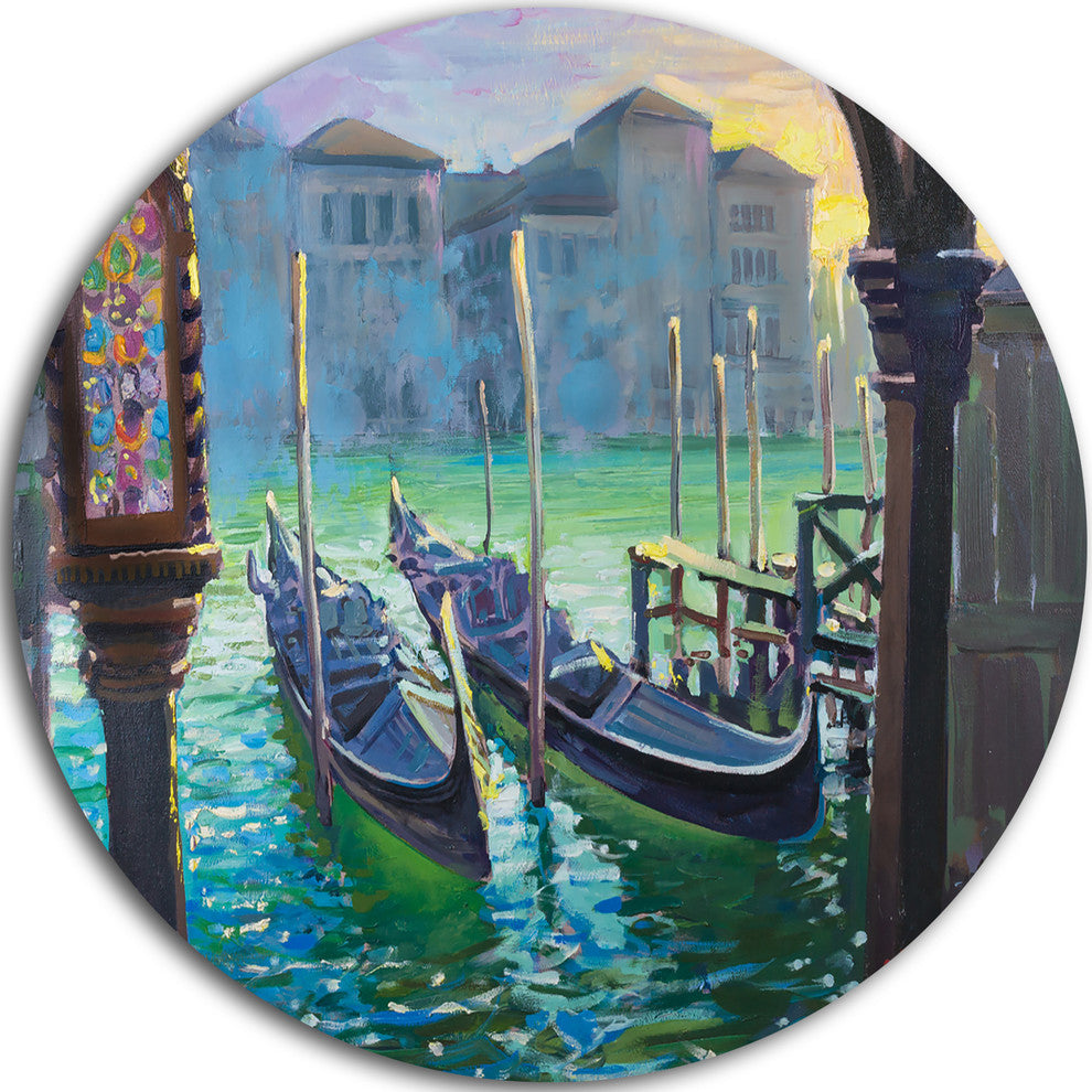 Gondolas In Venice, Landscape Painting Round Metal Wall Art, 23"