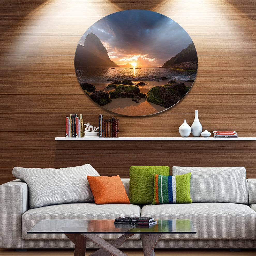 Beautiful Sunrise In Red Seashore, Beach Round Metal Wall Art, 23"
