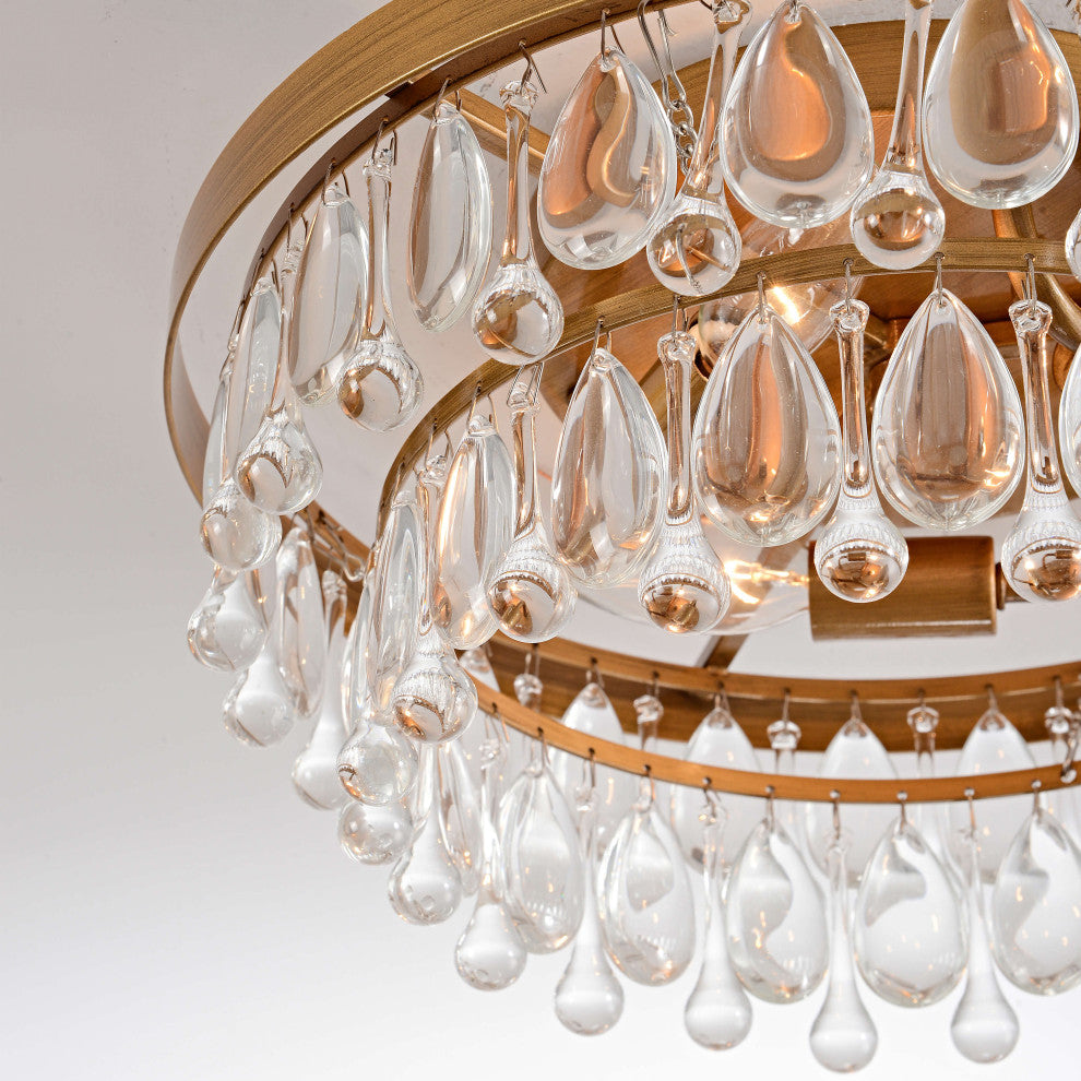 Bonnie Flush Mount With Crystal Glass Teardrops, Brushed Brass
