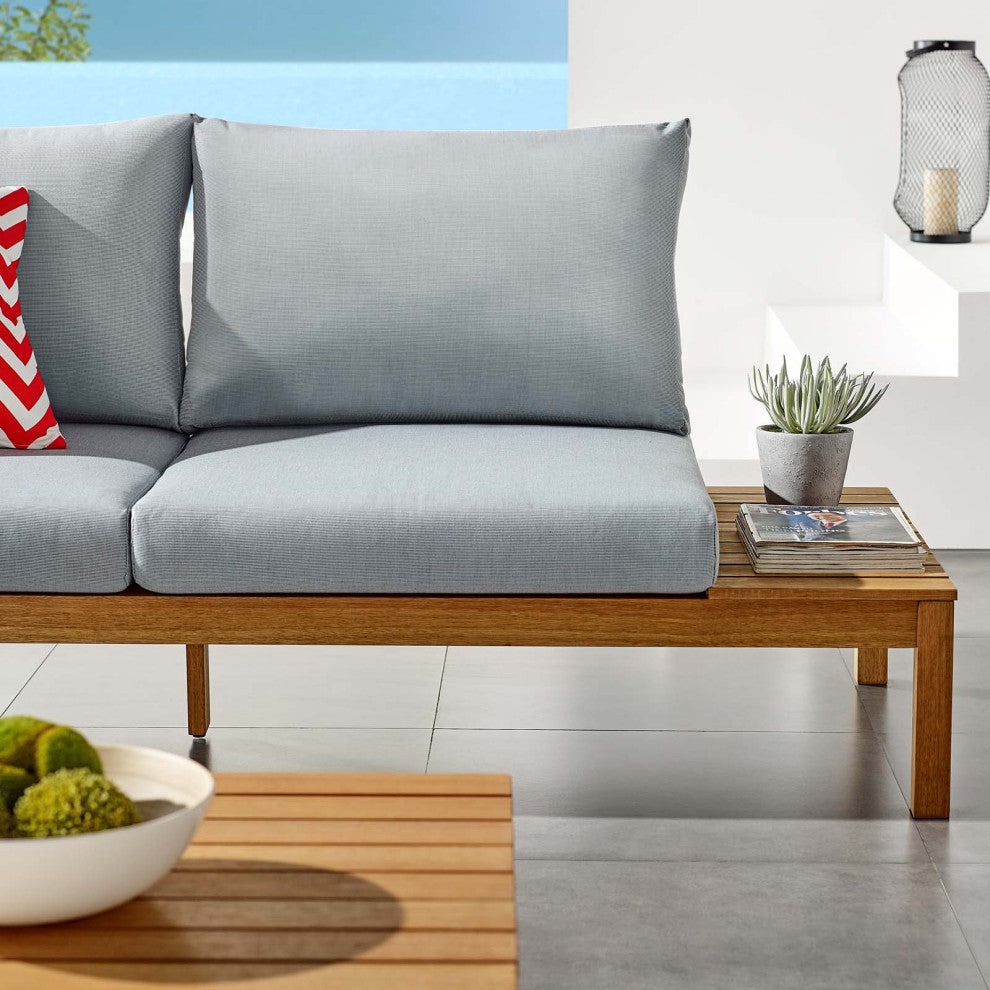 Lounge Sectional Sofa Chair Set, Wood, Brown Natural Blue, Modern, Outdoor Patio