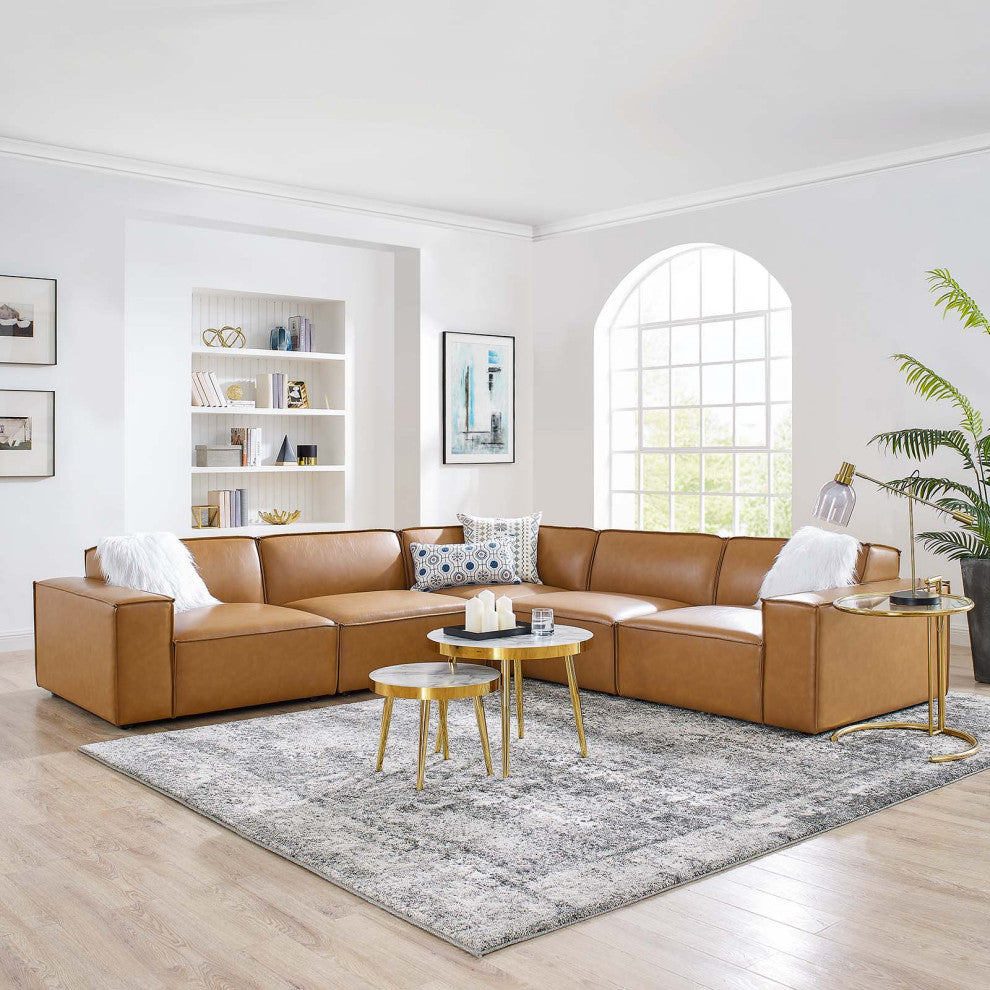 Sectional Sofa Set, Faux Vegan Leather, Tan, Modern, Living Lounge Hospitality