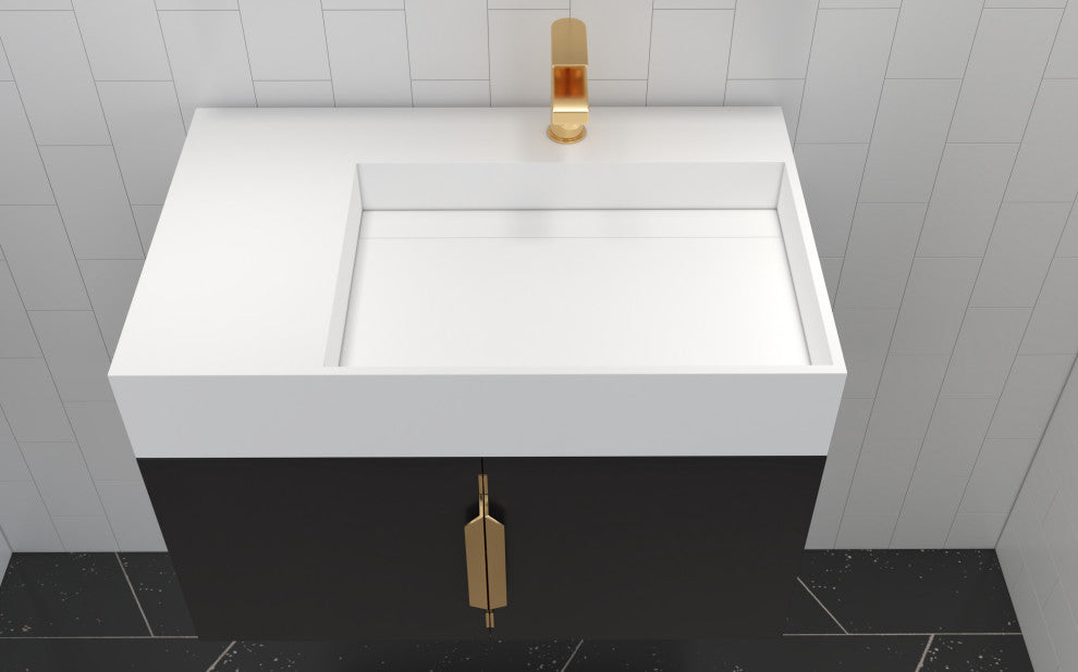 CastelloUSA Amazon 30" Right Wall Mounted Bathroom Vanity Set, Black, White Top, Gold