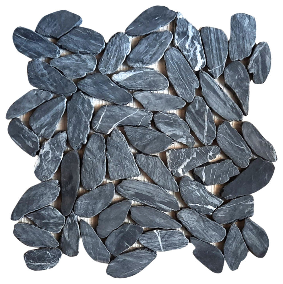 Tempest black sliced oval pebble tile 12x12 for bathroom and kitchen use