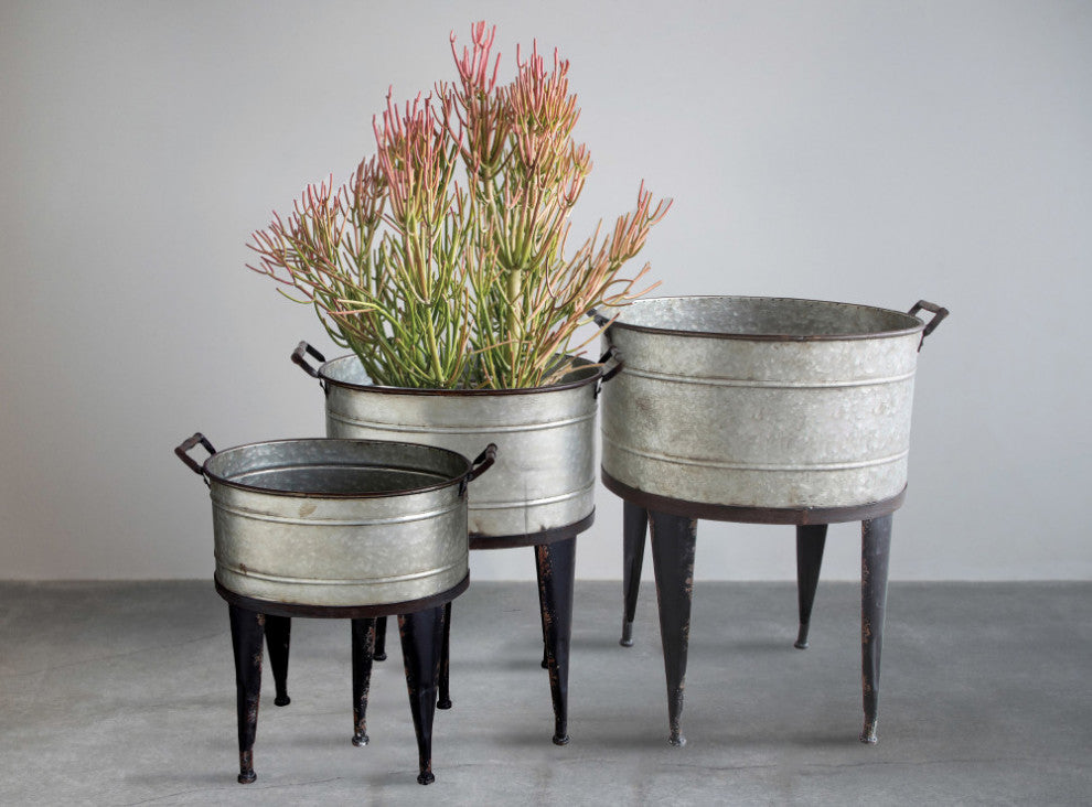 Silver Metal Buckets/Planters with Handles on Stand (Set of 3 Sizes)