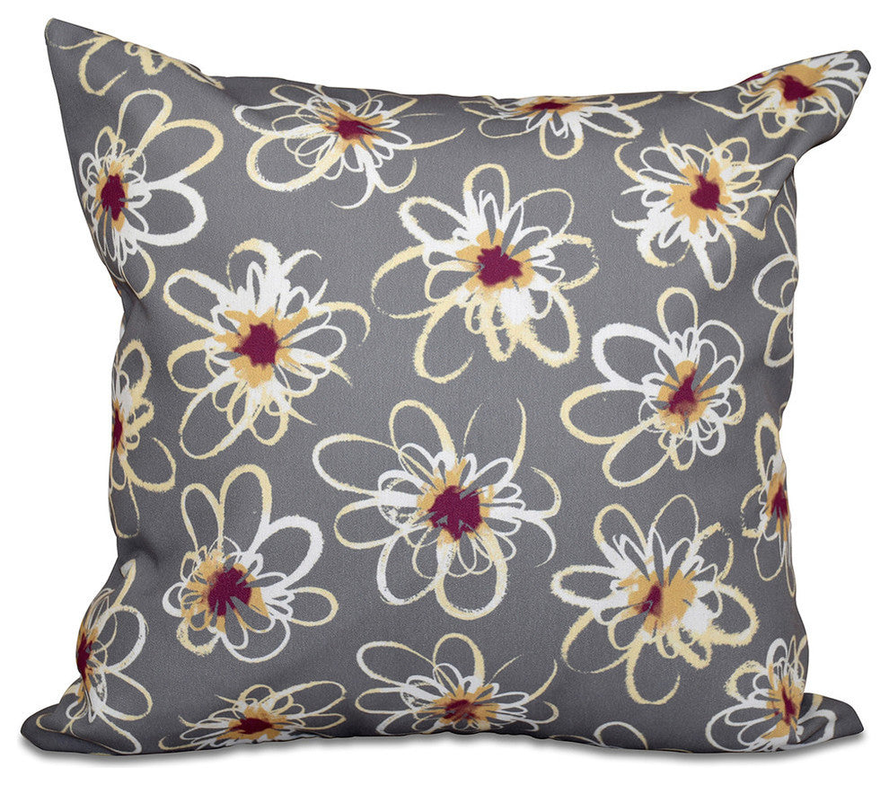 Penelope Floral, Geometric Print Pillow, Gray, 20"x20"