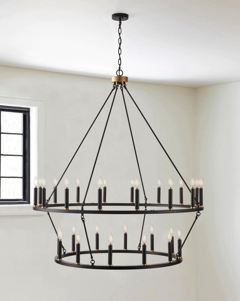 28-Light Wagon Wheel Pendant Candle Style Ceiling Light, Black