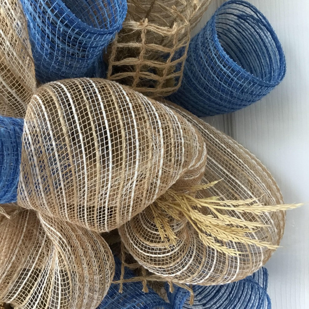 Coastal Autumn Deco Mesh Wreath With Slotted Wood Pumpkin