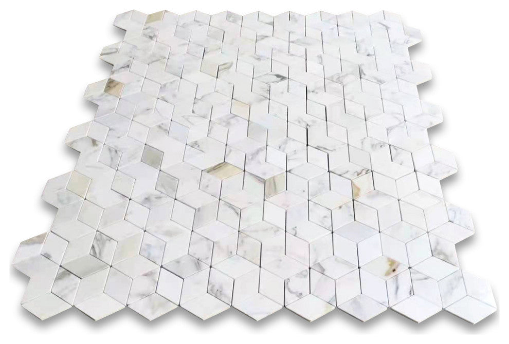 Calacatta Gold Marble Illusion 3D Cube Rhombus Diamond Hex Tile Polish, 1 sheet