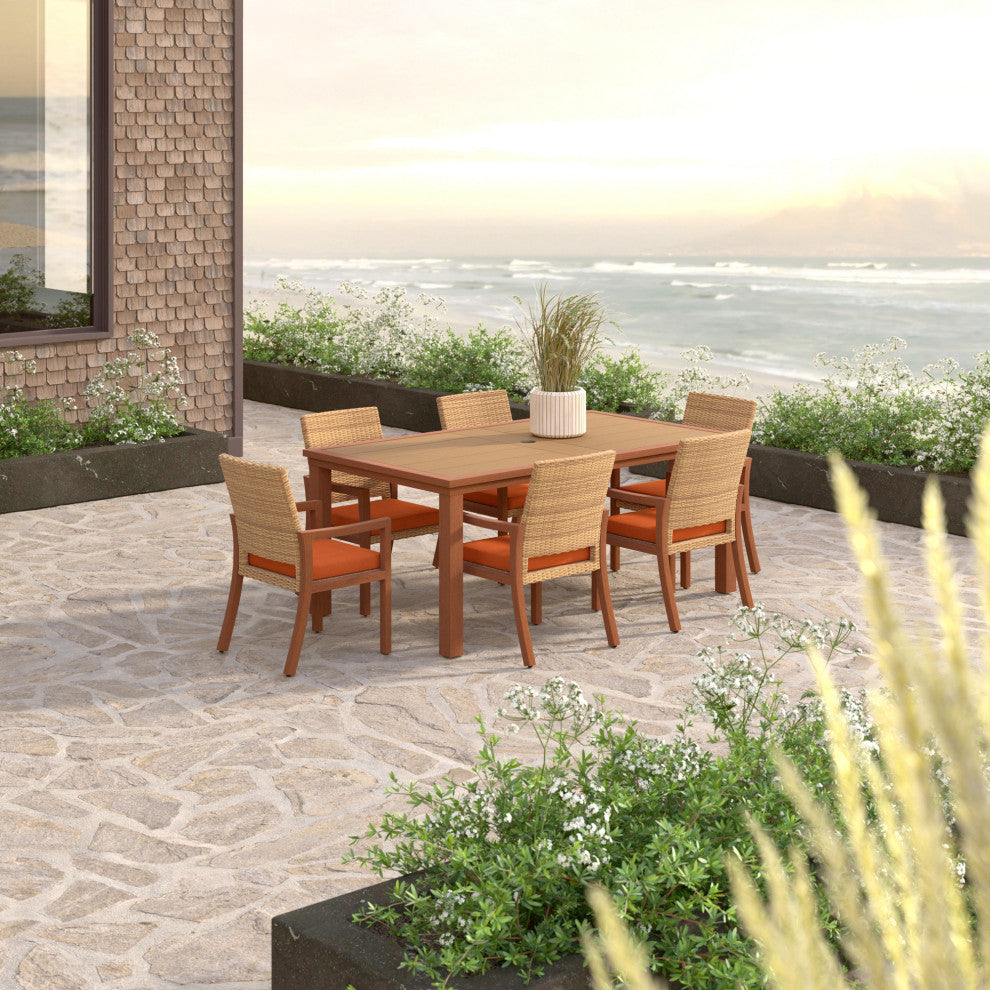 Mili 7 Piece Sunbrella Outdoor Patio Dining Set, Tikka Orange