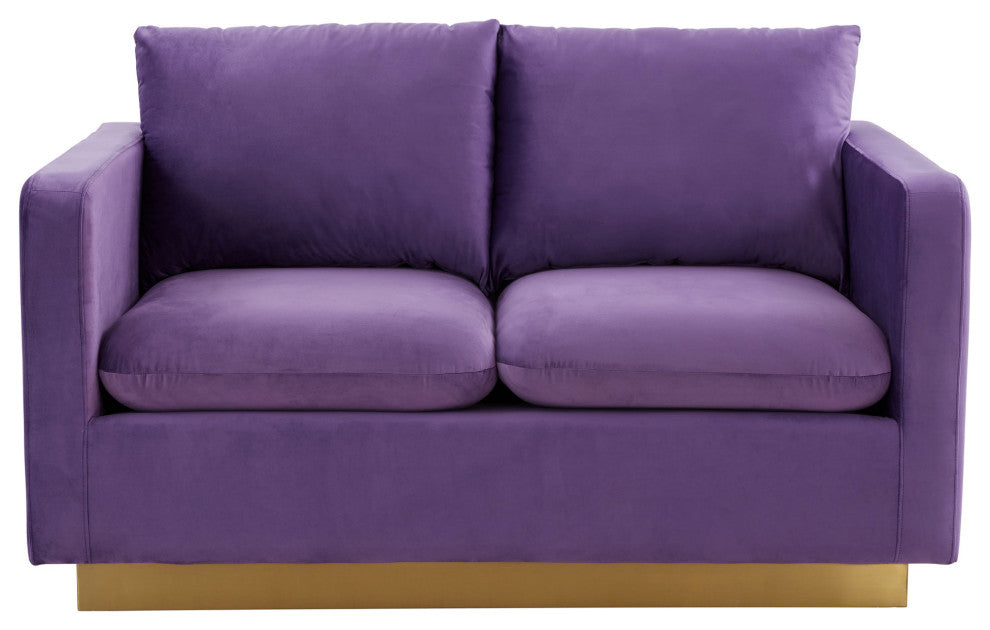 LeisureMod NS55PU Nervo Purple Modern Mid-Century Velvet Loveseat Gold Frame
