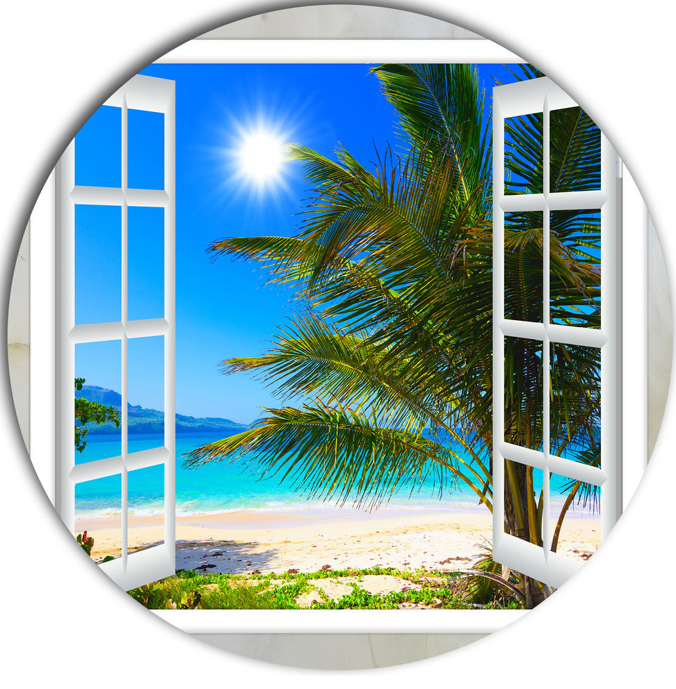 Window Open To Beach With Palm, Seashore Round Wall Art, 11"