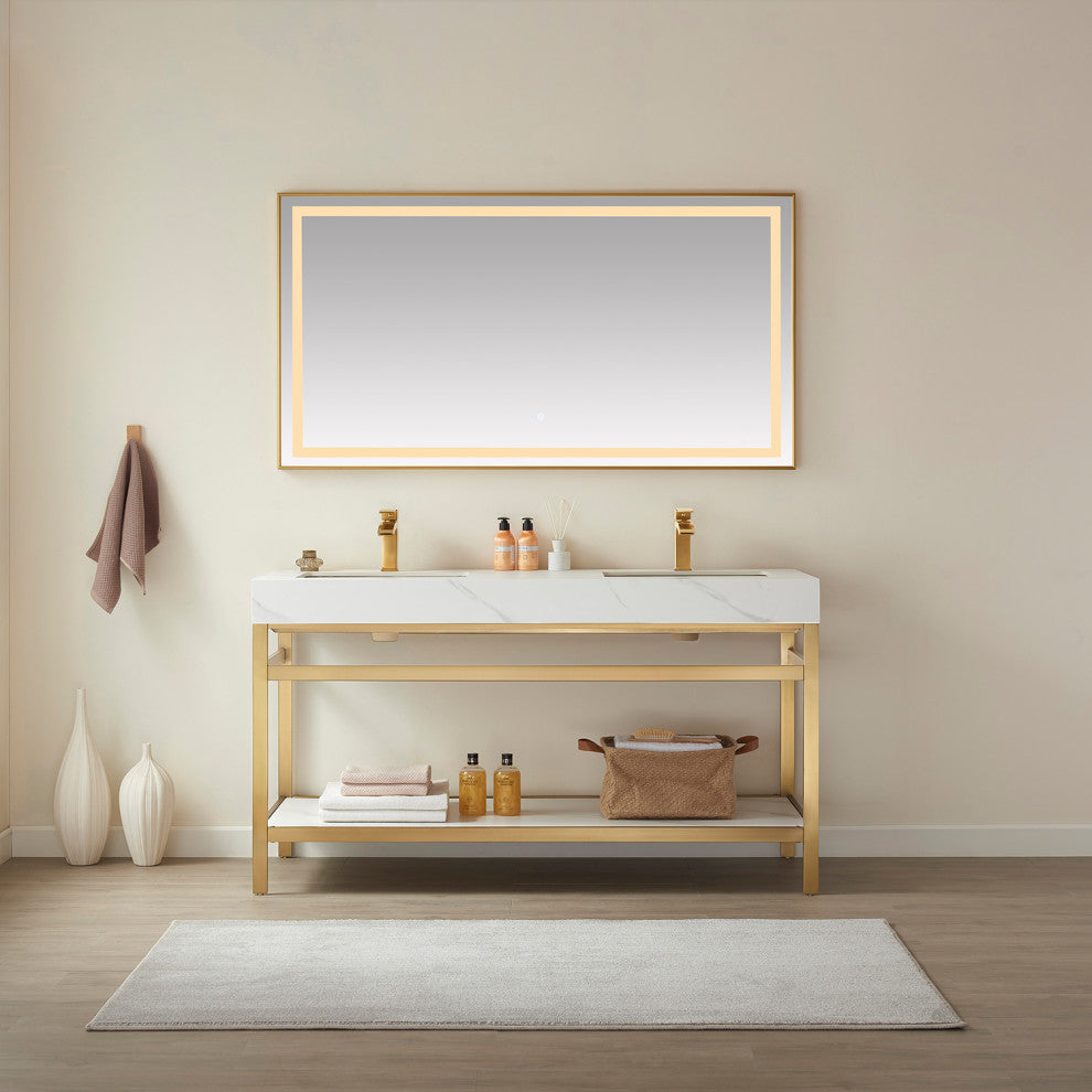 Funes Bath Vanity without Mirror, Brushed Gold Hardware, 60" Double Sink, White Stone Top