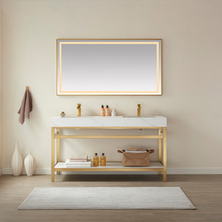 Funes Bath Vanity without Mirror, Brushed Gold Hardware, 60" Double Sink, White Stone Top
