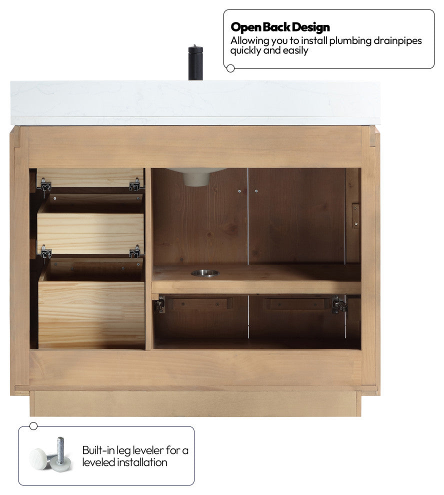 San Bath Vanity with Stone Top, Fir Wood Brown, 42", Single Vanity, With Mirror
