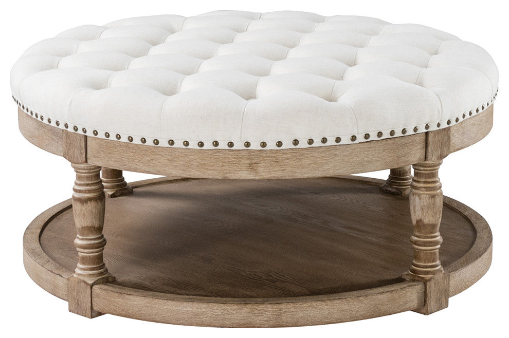 36" Wide Tufted Round Cocktail Ottoman With Storage, Ivory