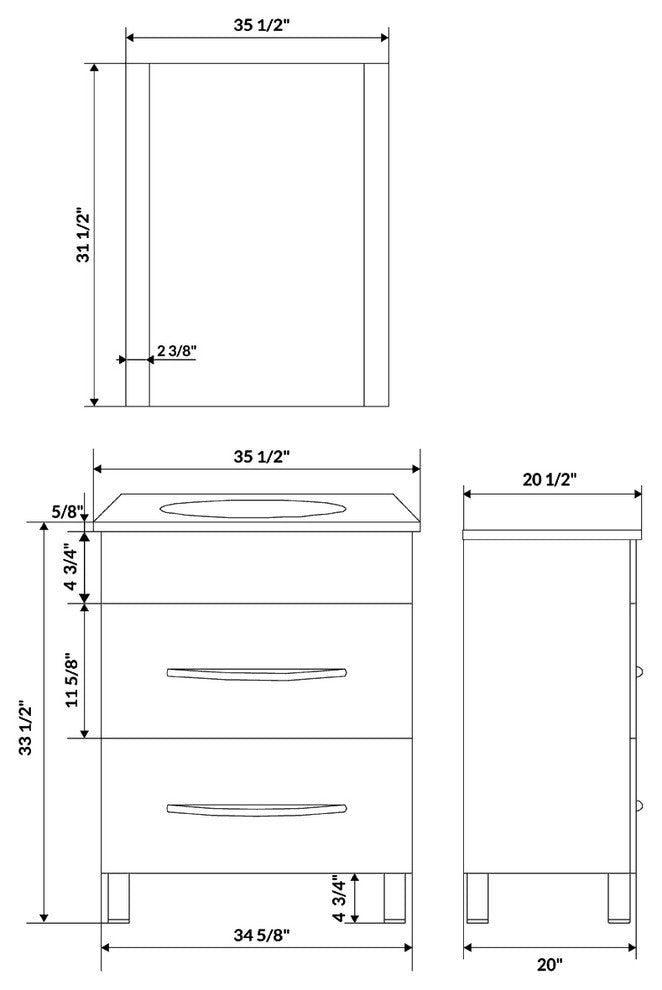 84" White Vanity, 36" Double Sink Bases, Single 12 Drawer Base, LV4-C15-84-W