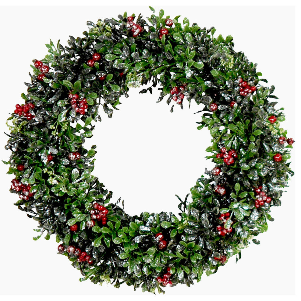 20" Frosted Faux Boxwood Wreath With Red Berries