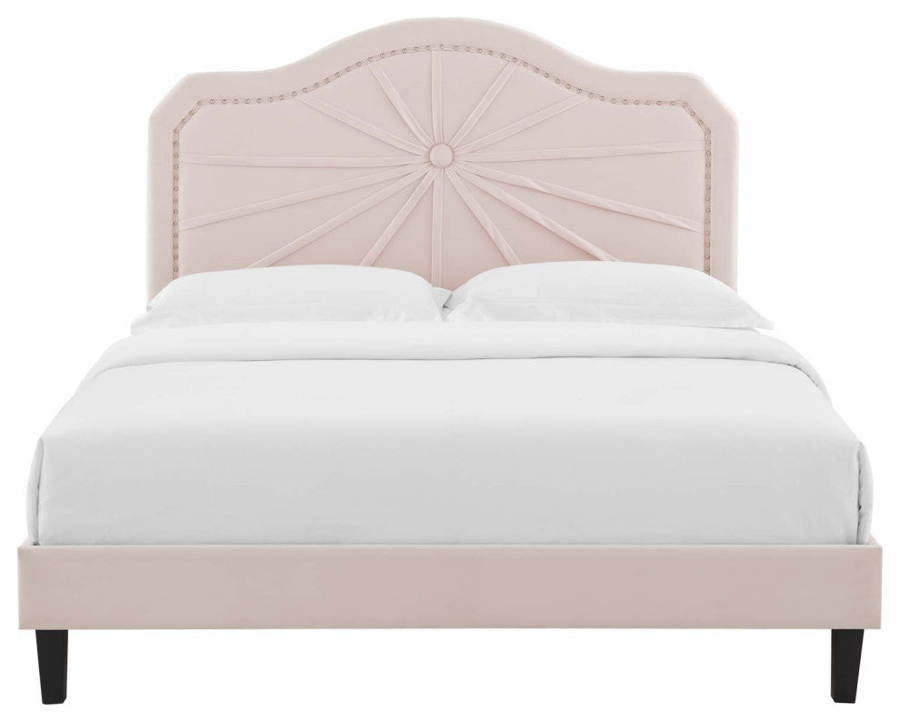 Platform Bed Frame, Full Size, Velvet, Pink, Modern Contemporary, Bedroom Master
