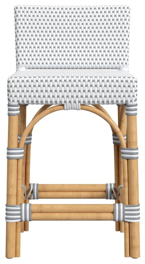 Serienna Rectangular Rattan Low Back 24.5 Counter Stool, White and Gray