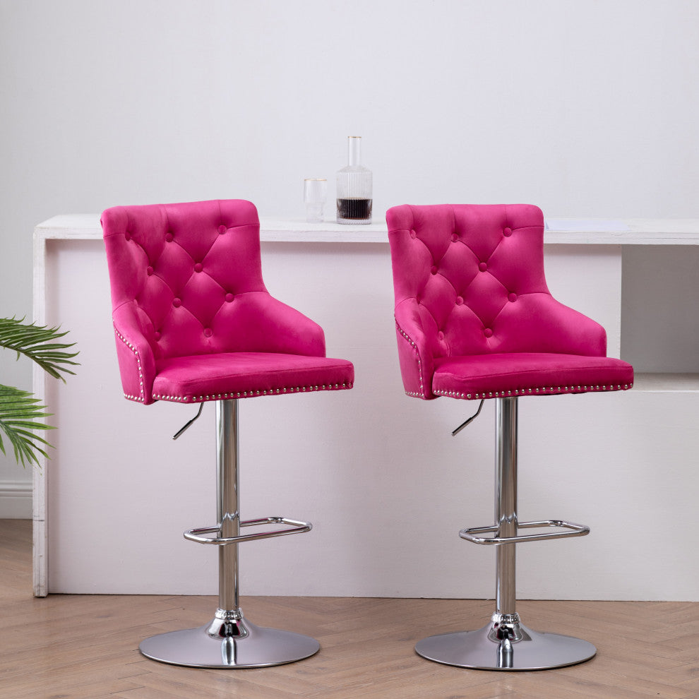 Upholstered 25"-33" Adjustable High Back Dining Stools Set of 2, Pink