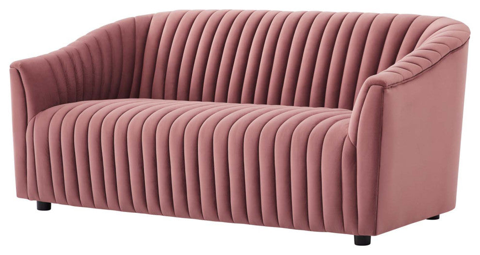Tufted Loveseat Sofa, Pink, Velvet, Modern, Mid Century Hotel Lounge Cafe Lobby