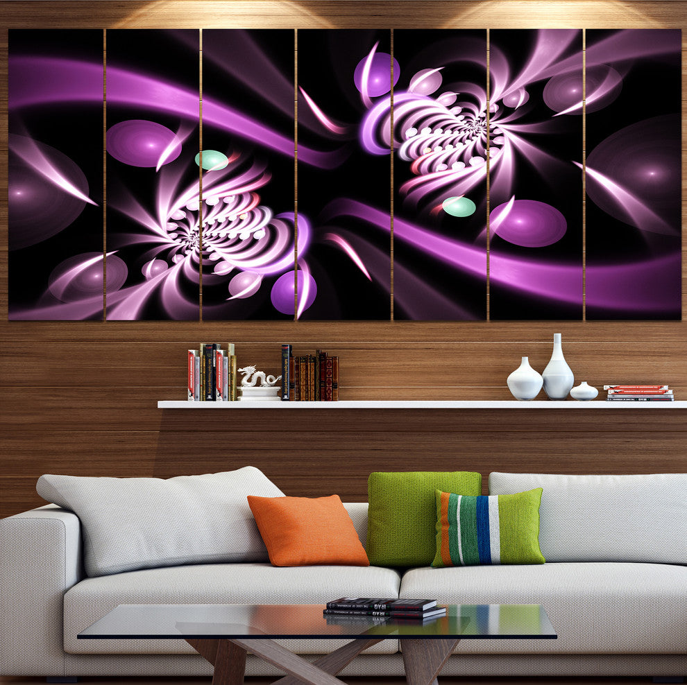 Purple on Black 3D Surreal Art, Floral Canvas Art Print, 83"x32", 7 Panels