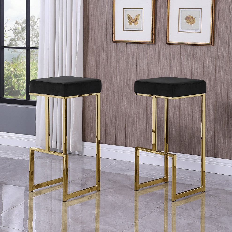 Jakob Backless 31" Bar Stool, Gold, Set of 2, Velvet Black