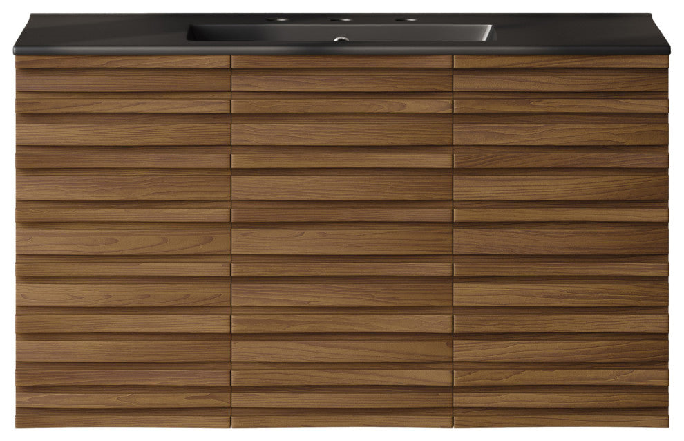 Cascade 36" Wall-Mounted Bath Vanity, Brown Oak, Black Widespread Sink Top