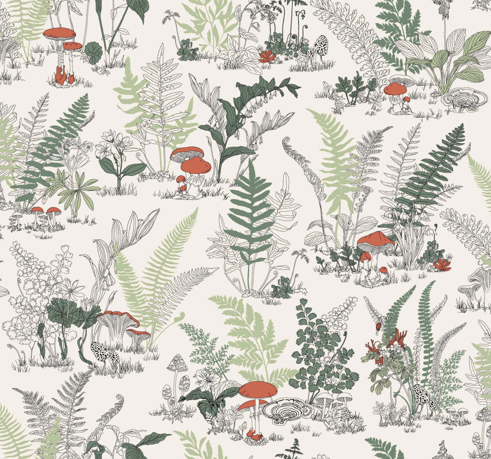 Mushroom Garden Toile Red and Green Wallpaper