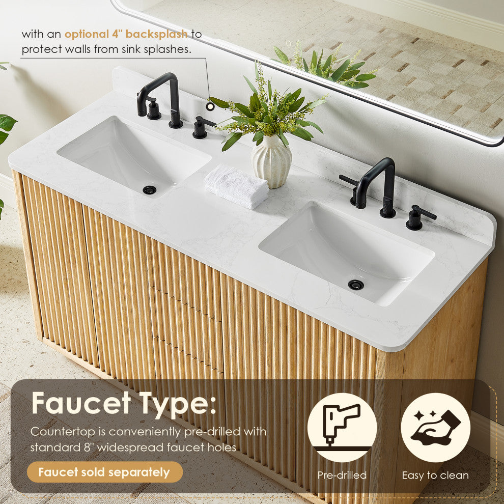 Clayton Bathroom Vanity, Washed Light Brown, 60", No Mirror