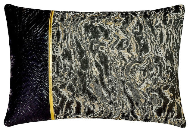 Black Faux Leather Jacquard Silk Marble 12"x22" Pillow Cover - Portoro